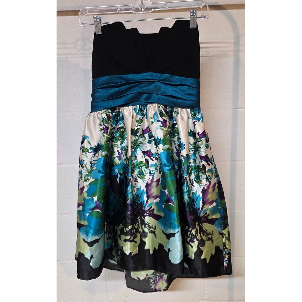 Y2K Trixxi Black Teal Satin Floral Strapless Party Mini Dress Sweetheart Bow